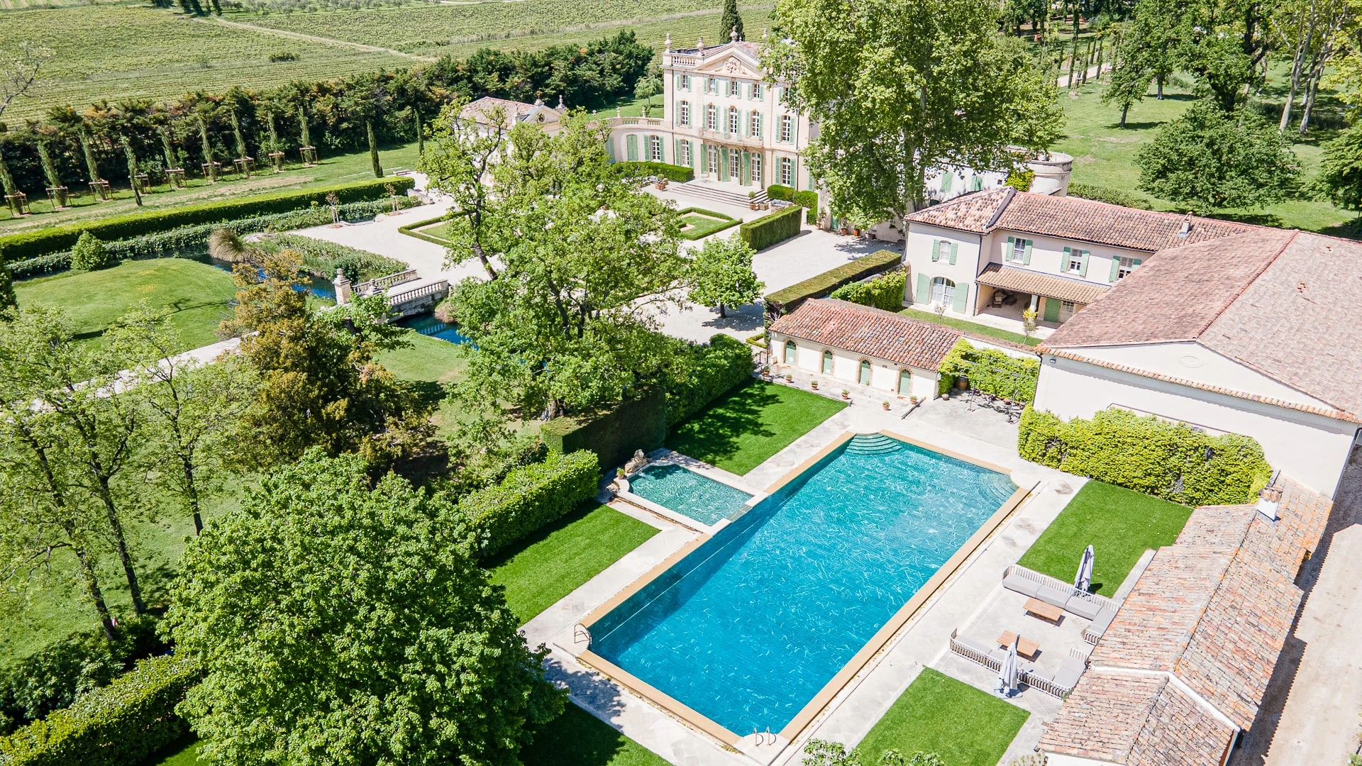 Château de Tourreau estate compound in Provence, France, with landscaped grounds and a private pool